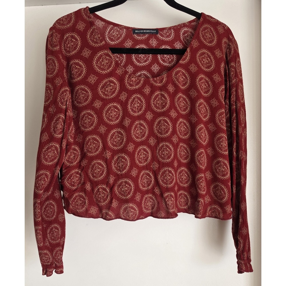Brandy Melville Red Medallion Long Sleeve Top Round Neck Boho Blouse Shirt